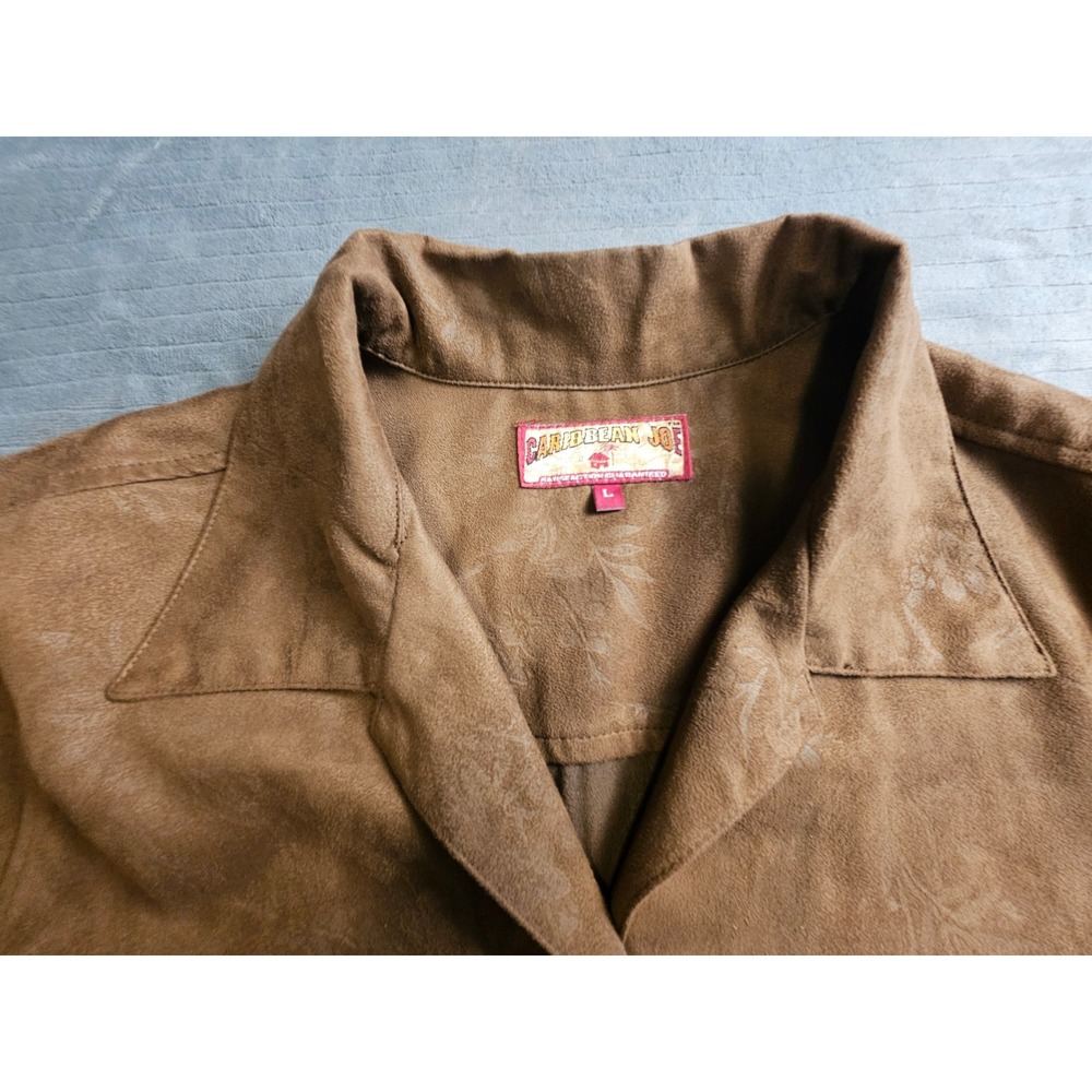 Caribbean Joe Brown Floral Textured Faux Suede Button Down Shirt Large